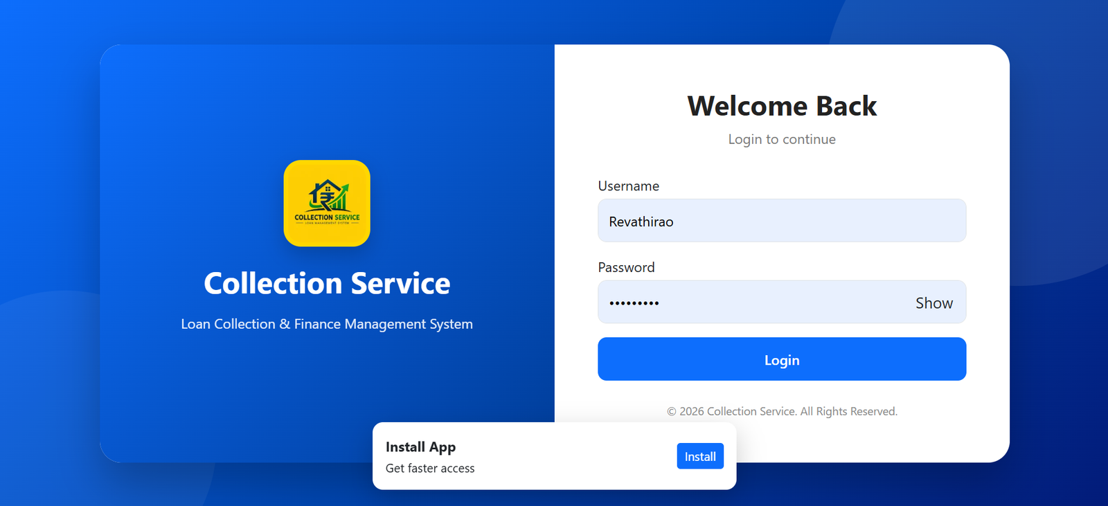 Collection Service loan management login screen