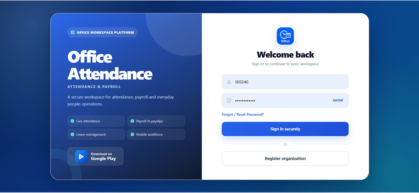 Office Attendance and Payroll login screen